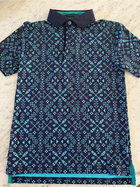 Youth Large Greyson Polo Shirt Navy/Turquoise Geometric Performance Golf Polo
